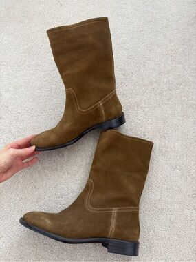 Zara Classic Mid-Calf Suede Boots in Olive Brown